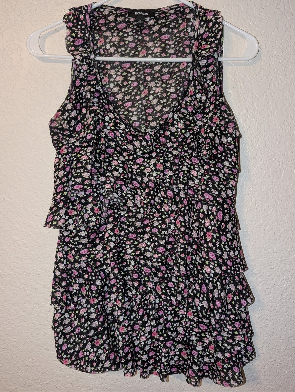Express Black Pink & White Floral Mesh Ruffle Tiered Tank Top, Size L